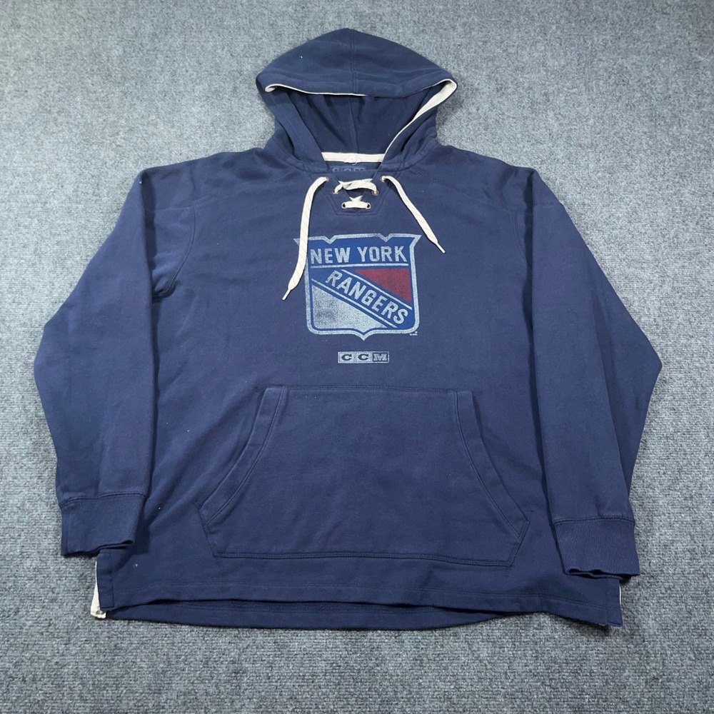 CCM New York Rangers Hoodie Mens XL Lace Up Pullover Sweatshirt Navy Blue NHL